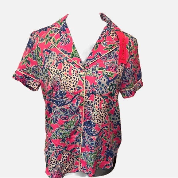 NEW Lily Pulitzer Women’s Pajama Top Plumeria Pink XS Pink Button Down Pocket